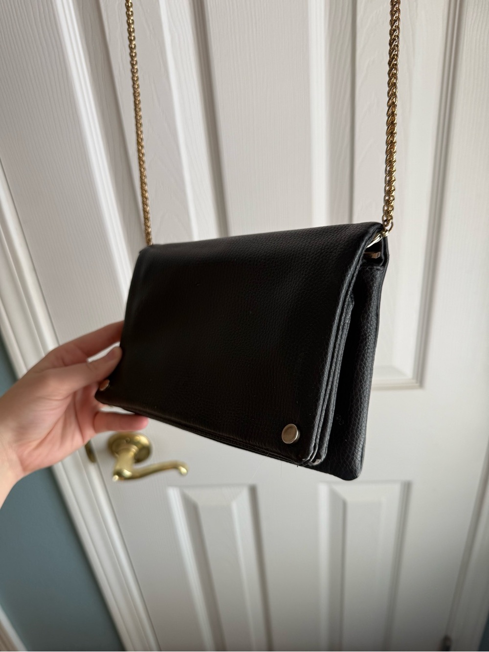Street Level Black Pebbled Leather Foldover Crossbody Chain Bag